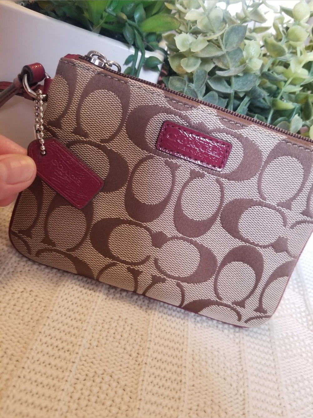 Coach Khaki Brown Signature Canvas Wristlet with Maroon Leather Trim